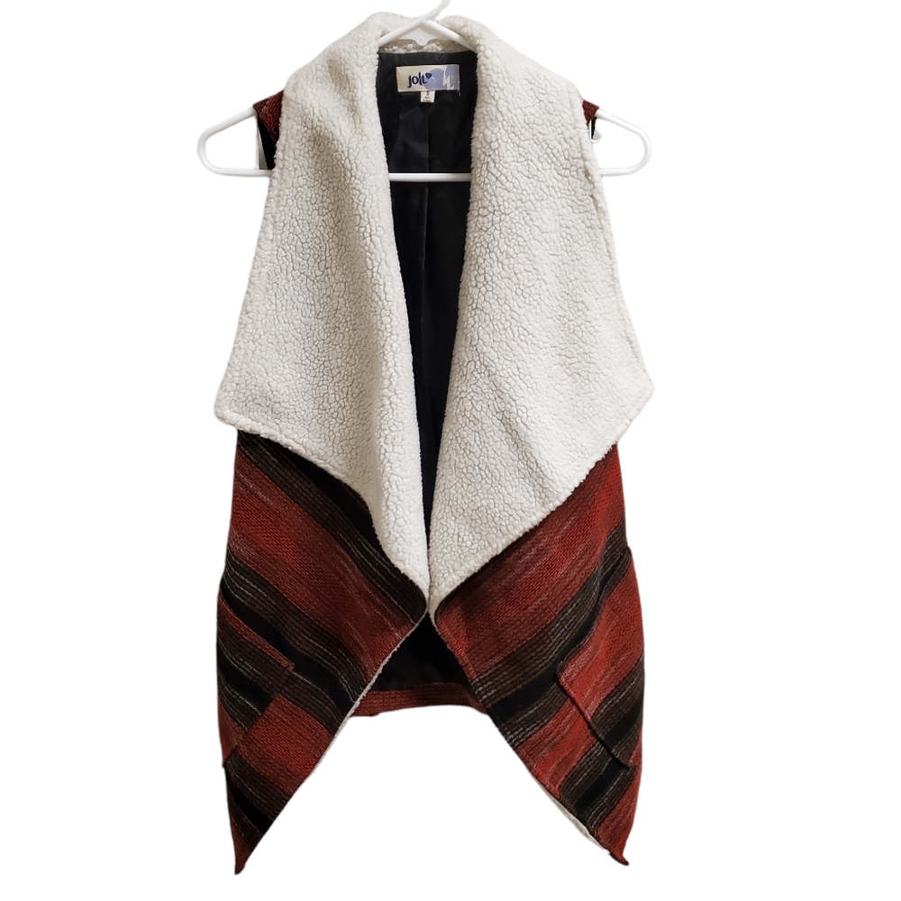 Jolt Sherpa Striped Wool Blend Vest Rust Red Black Brown Open Front Pockets S
